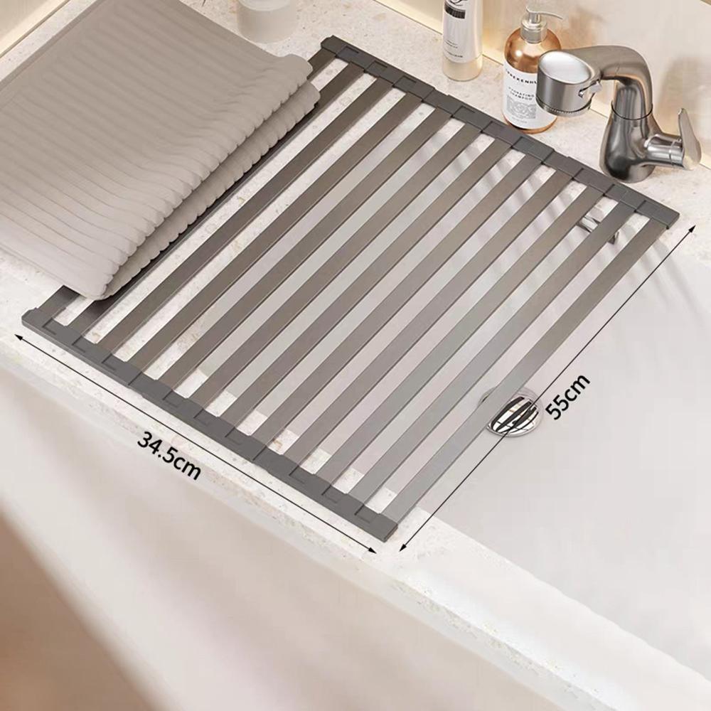 55 x 34.5cm Over Sink Dish Drying Rack Foldable Drainer Shelf Space Aluminum Roll Up Mat Kitchen Organizer