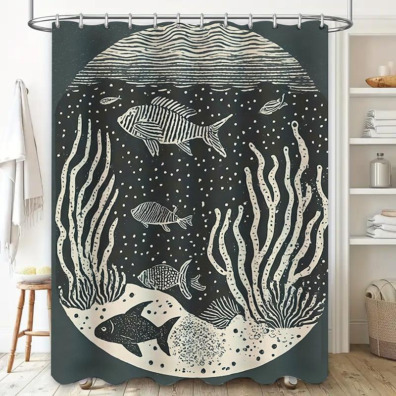 Schicker Duschvorhang mit Unterwasserwelt und Schwarz-Weiß-Fischschwarm, Moderne Badezimmerdekoration für Zuhause, Badezimmerzubehör