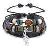 Handmade Hippie Design Brown Leather Bracelet Women Metal Star Note Charms Wood Button Beads Wrap Unisex Adjustable Bracelet
