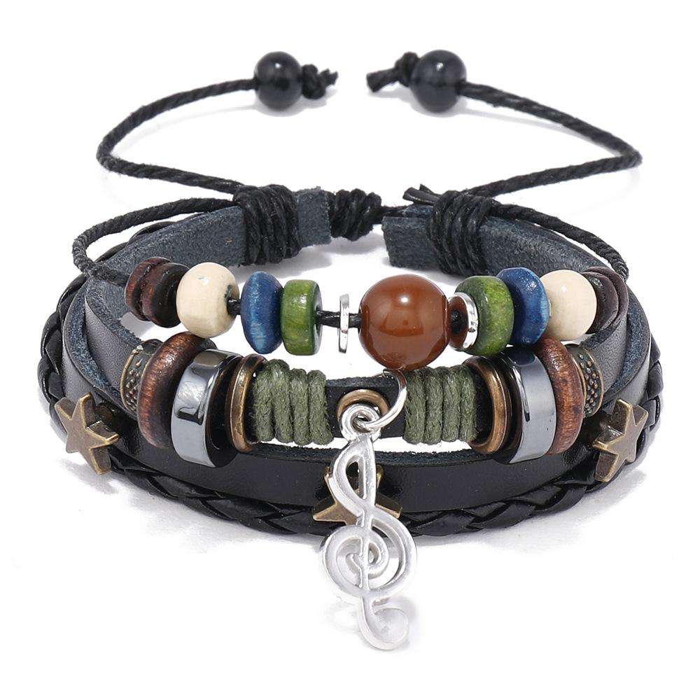Handmade Hippie Design Brown Leather Bracelet Women Metal Star Note Charms Wood Button Beads Wrap Unisex Adjustable Bracelet
