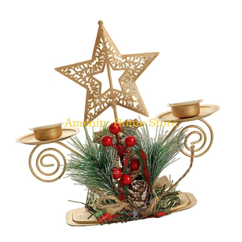 F26C Gold Iron Double Candlestick Home Decors for Holiday Christmas Metal Candle Holders Stand with Pinecones and Berries