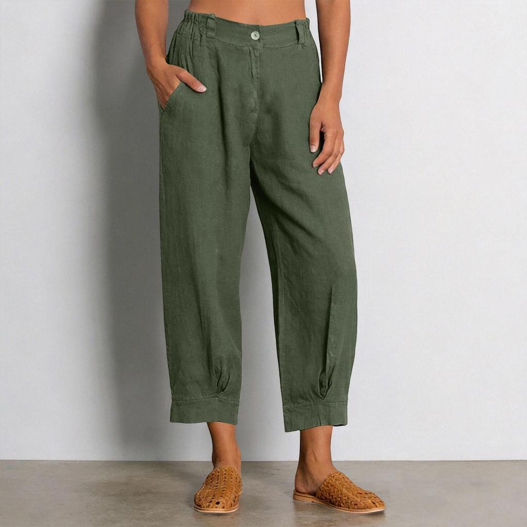 Women's Casual Cotton Linen Button Front Pants with Pockets Elastic Waistband and Ankle Cuffs Relaxed Fit Cropped Trousers