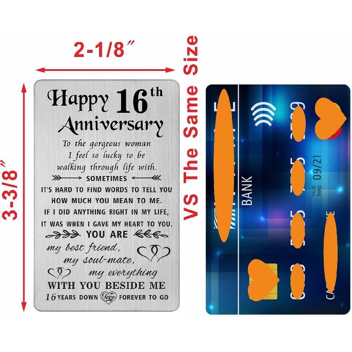 TANWIH 16th Anniversary Card for Wife - 16 Years Down Forever to Go - 16 Year Wedding Anniversary Card Gifts for Her Women, Engraved Metal Wallet