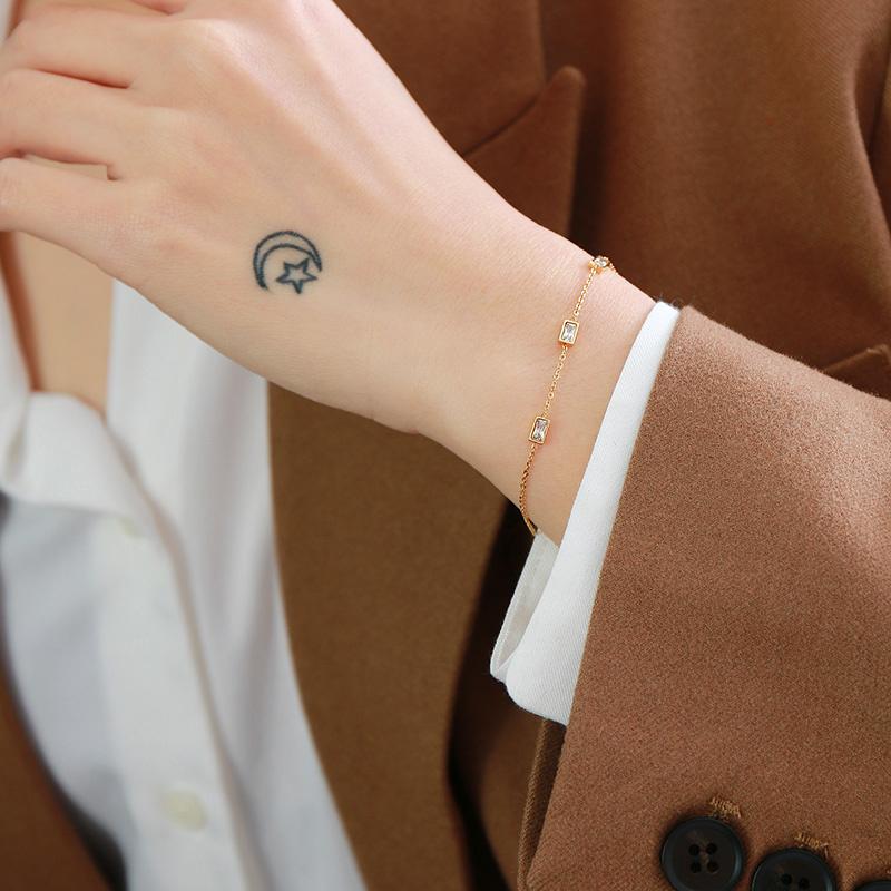 Square Zircon Double Layer Bracelet Stainless Steel Dainty Minimalist Chain Bracelet for Women Everyday Jewelry Gift