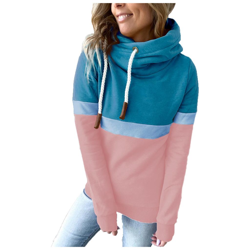 Fashion Womens Loose  Casual Hooded Drawstring Stitching Collision Color Long Sleeve Sweater