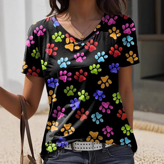 Summer Fashion Trend Casual Animal Cat Pattern Printed Short Sleeved V-neck Women's T-shirts