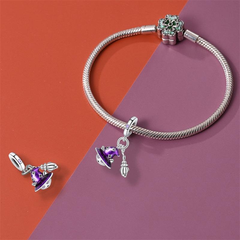 Popular Copper Purple Flying Witch, Hat & Magic Book World Dangle Charm Fits Original Bracelet Diy Halloween Charm
