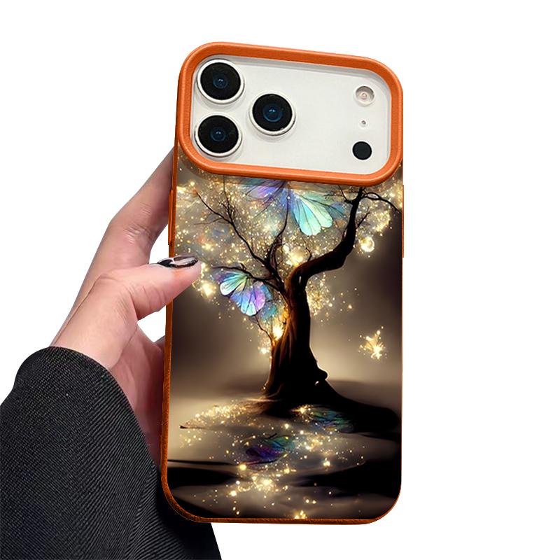 For iPhone 17 Pro Max Case Luxury Shining Fantasy Tree Butterfly Pattern Leather Texture Silicone Cover For iPhone 16 Pro Max 15 14 13 12 11 16E Air