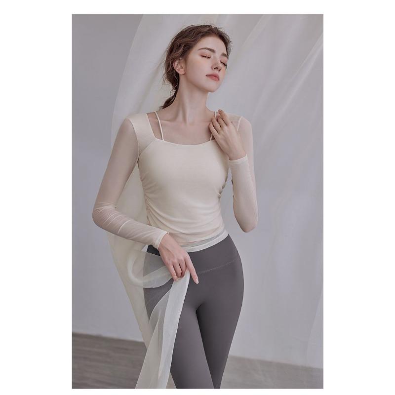 Womens Square Neck Mesh Long Sleeve Yoga Top