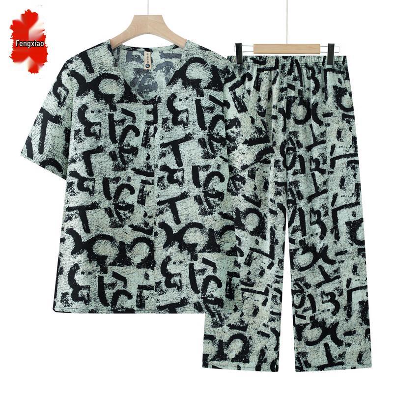 Elegant Printed Two-Piece Shirt Set for Middle-aged Women XL