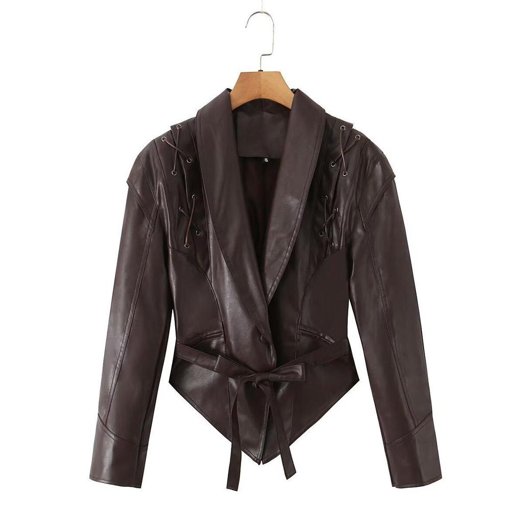2026 Autumn Women's Elegant Faux Leather Belted Lapel Jacket