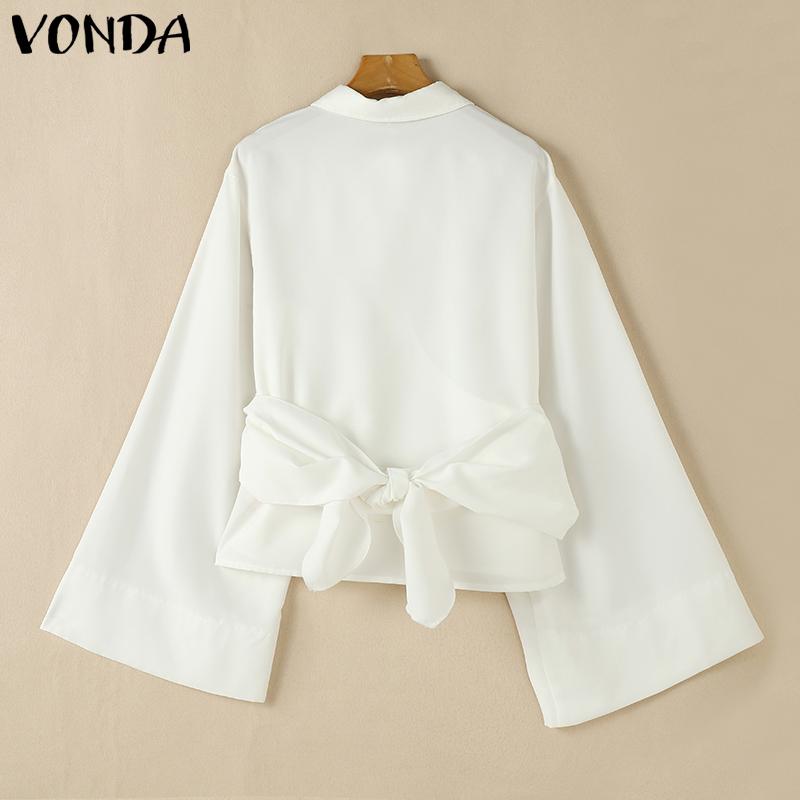 VONDA Women Lapel Neck Long Sleeve Irregular Buttons Belt Casual Loose Shirts