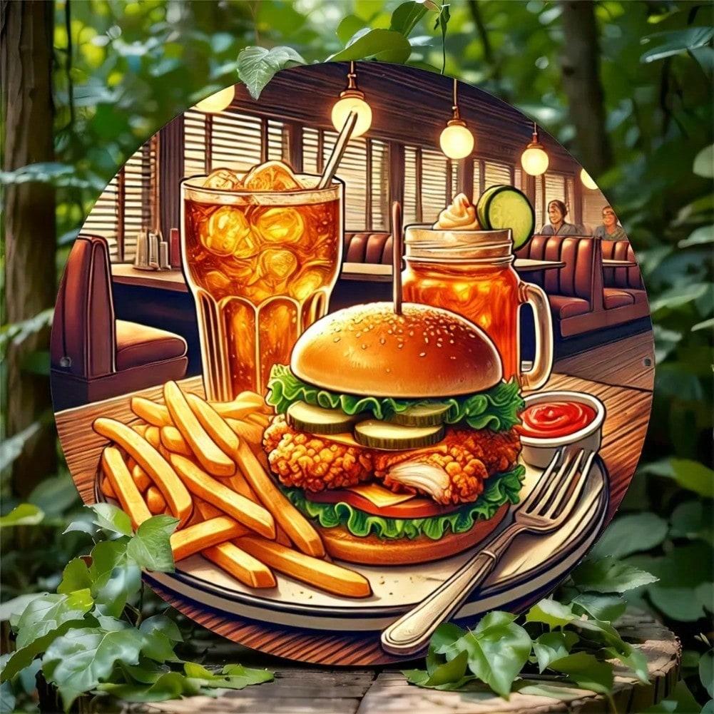 

Retro Burger Fries Metal Sign Circular Wall Decor for Home Kitchen Bar Cafe 20x20