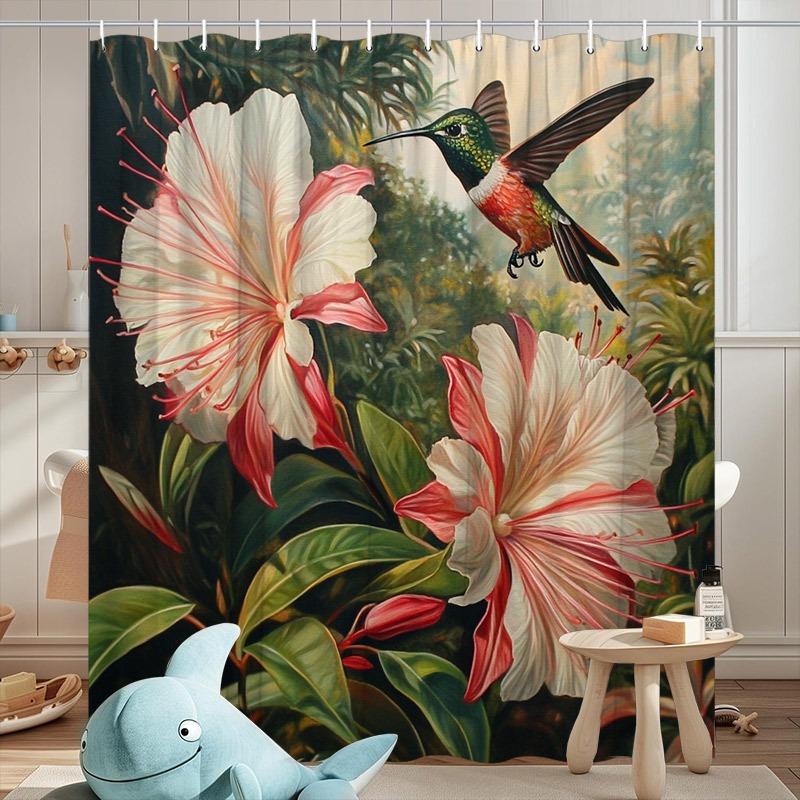 

Rainbow Hummingbird And The Violet Flower Washable Dirt-Resistant Shower Curtain Shower Head Waterproof Polyester Bath Curtain W60H190(CM)-1 Pcs