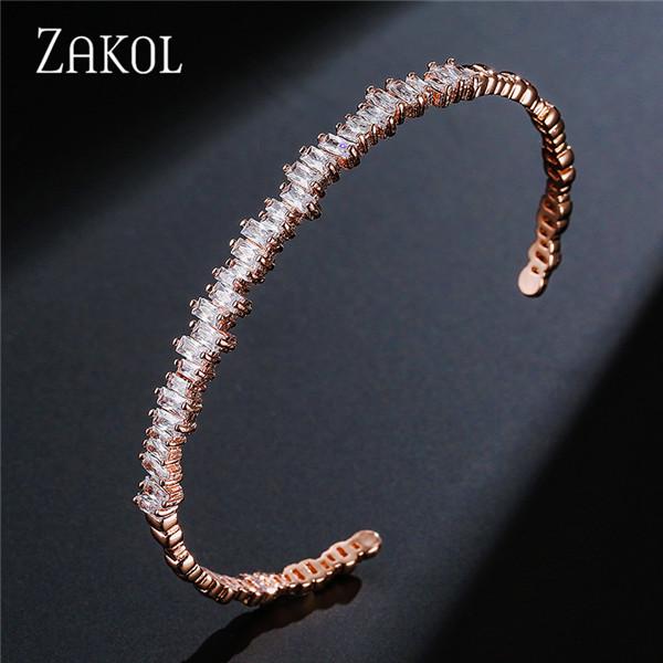ZAKOL Fashion Cubic Zirconia Cuff Bangles for Women Trendy Baguette Men Open Bracelet Party Jewelry B154