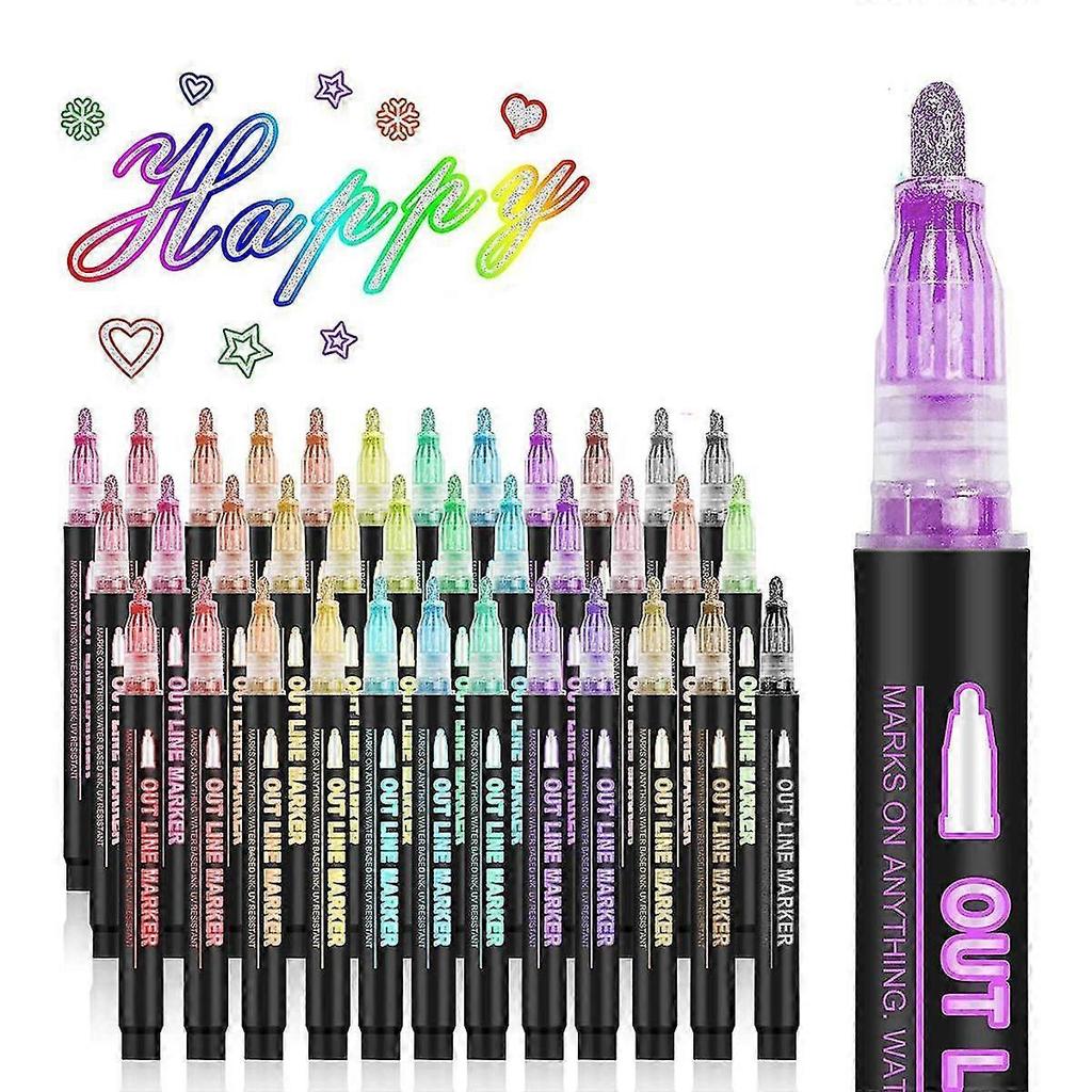 Double Line Outline Markers, 36 Colors Super Squiggles Shimmer Outline Marker Pen Set, Self Outline