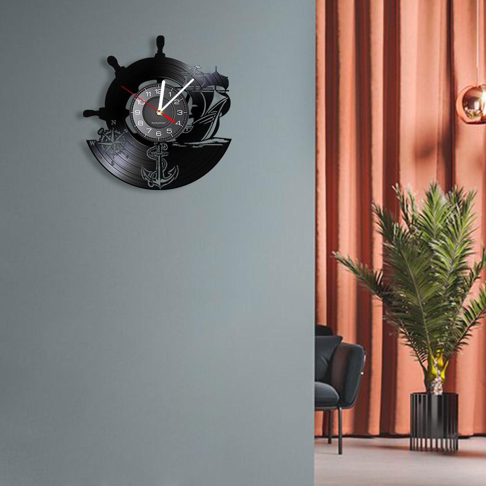 Anchor Ship Navy Compass Vinyl Record Wall Clock Retro Home Wall Decoration Navigation Ship Rudder Art Wall Clock Sailor Gift