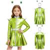 Girls Halloween Alien Costume Long Sleeve Zip Up A Line Dress Belt Hair Hoop Shiny Metallic Robot Outer Space Costume for Party