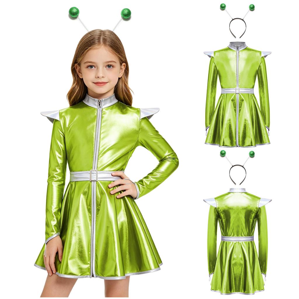Girls Halloween Alien Costume Long Sleeve Zip Up A Line Dress Belt Hair Hoop Shiny Metallic Robot Outer Space Costume for Party