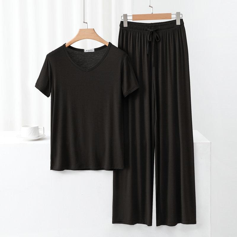 Modal Homewear 2pcs Pajamas Set Short Sleeve Tops and Trousers Solid Color Casual Loose Sleepwear Suit Plus Size Nightwear