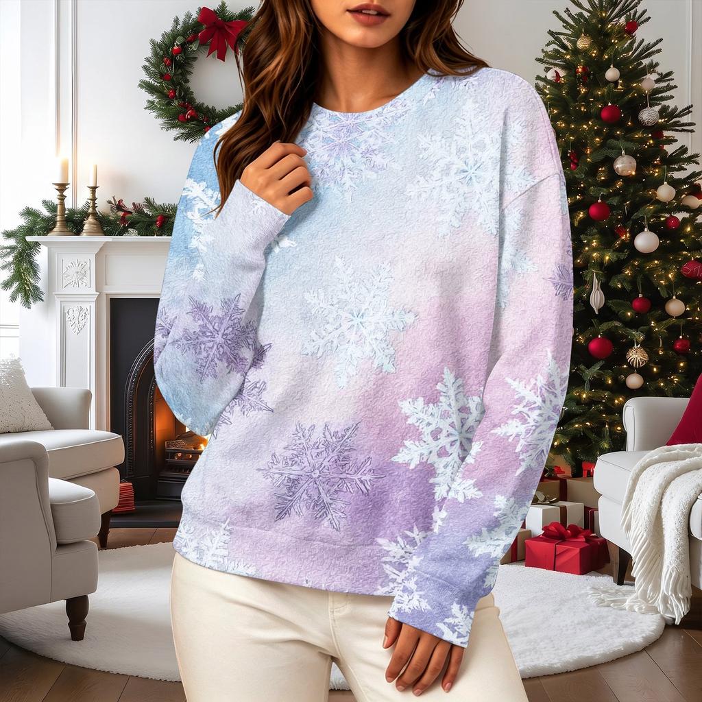 Women's Casual Long Sleeve Christmas Print Neck Pullover Sweatshirt