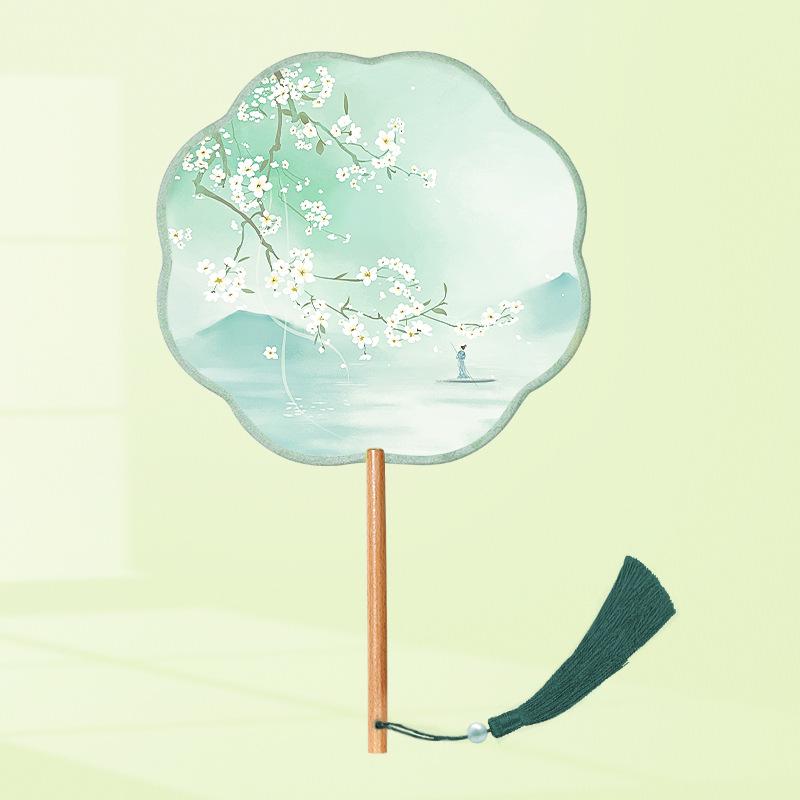 Girls' Summer Hanfu Dance Fan: Long Handle, Double-Sided Embroidered Round Fan for Traditional Costume