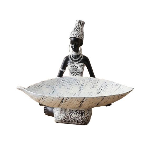 African Woman Holding Leaf Bowl Resin Statue Tribal Kneeling Figurine Jewelry Tray Desktop Decorative Snack Holder for Home Shelf Decor