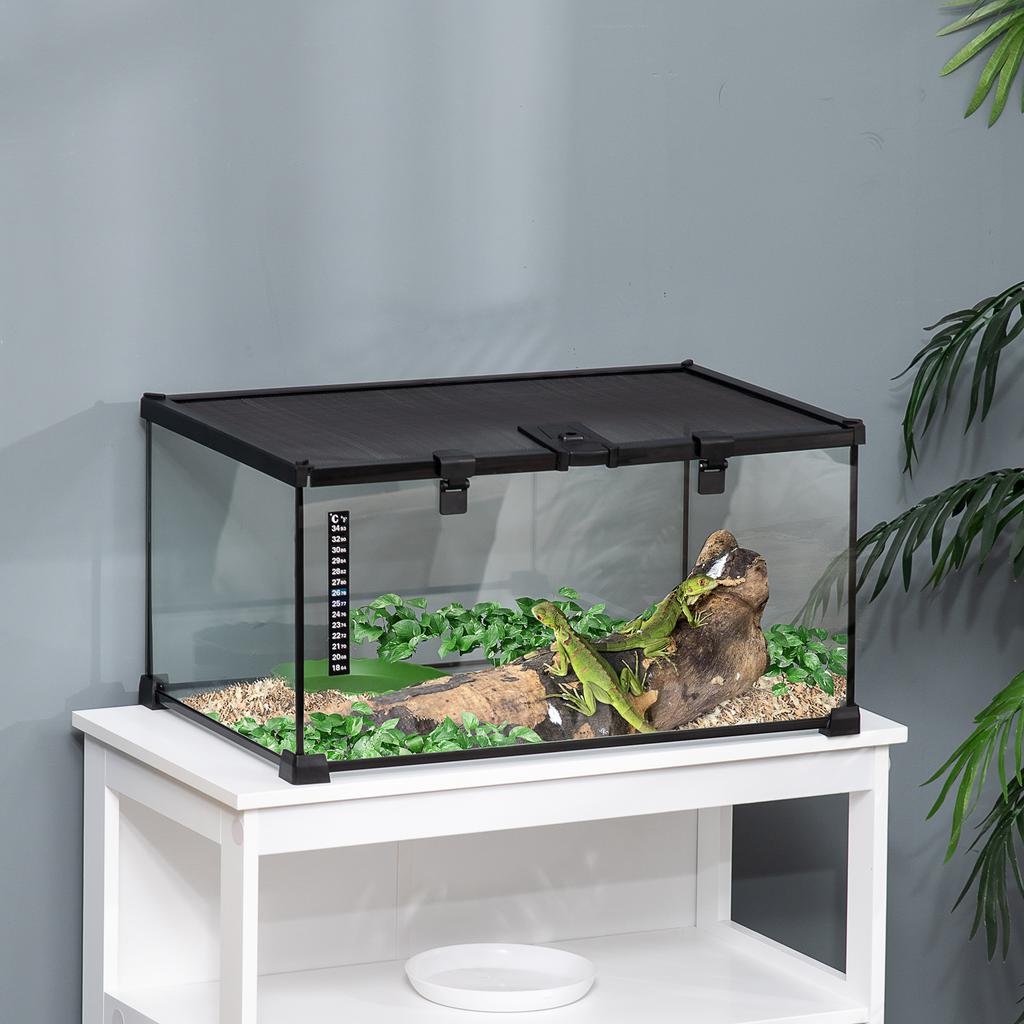 Raised Reptile Terrarium with Lock and Thermometer, Glass and Wire Mesh, 50x30x25 Cm, Black
