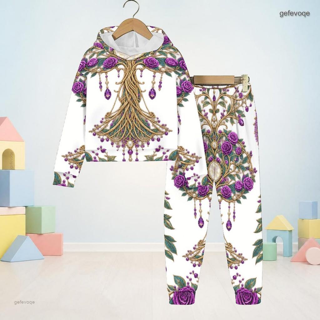 Boys Girls Hooded Long Sleeve Printed Sweatshirt Cuffed Pants Two Piece Set