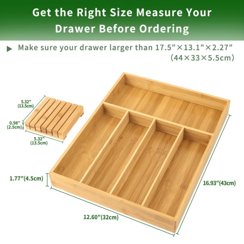 VaeFae Bamboo Silverware Organizer (Non-Expandable), Drawer Dish Holder, Wooden Cutlery Tray with Dividers for Kitchen Drawers, Dish Organizer with Kn
