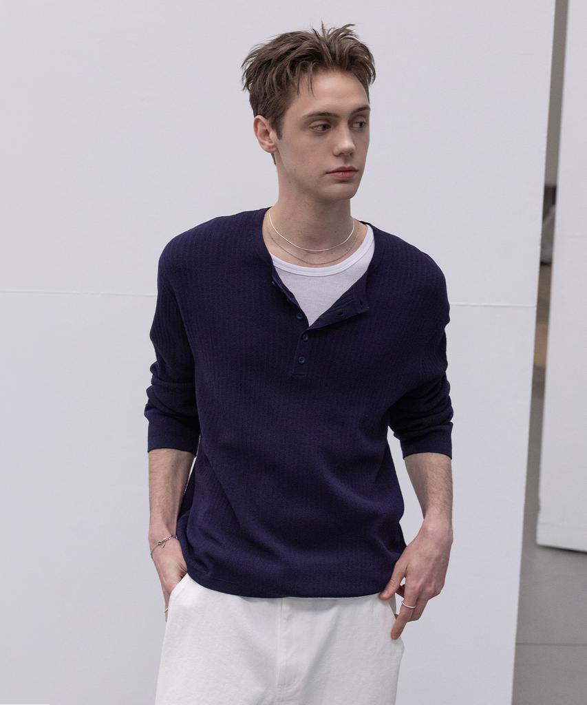 Dekkoloso Light Henley Neck Knit T-Shirt [Navy]