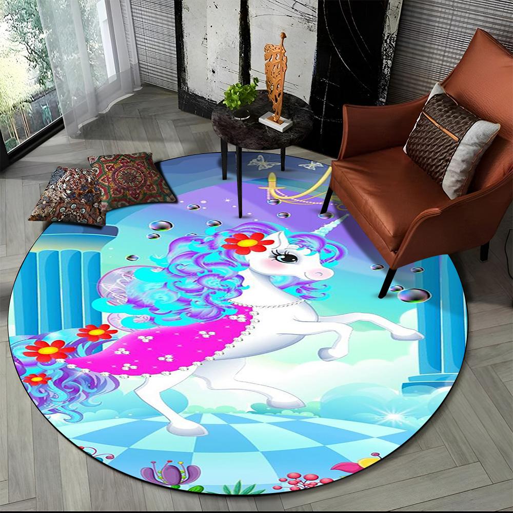 Unicorn Cartoon Animal Round Carpet Rug for Living Room Children's Bedroom Sofa Decor,Kid Paly Game Area Rug Non-slip Floor Mat