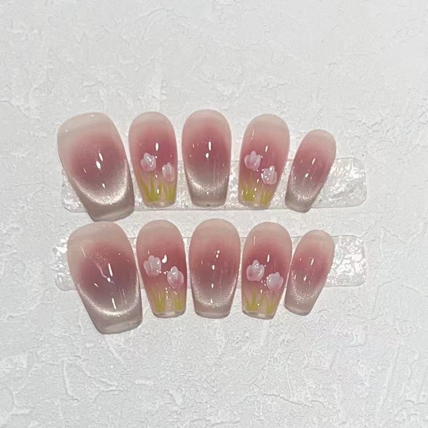 Wearing Argent Summer Fresh Cat Eye French Blush Tulip Wearable Manicure Removable Nail Plate