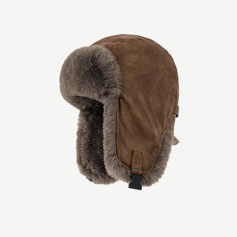 Lei Feng Hat Women's Autumn and Winter Thickened Warm PU Leather Plush Hat Outdoor Skiing Cold Ear Protection Hat Flying Hat
