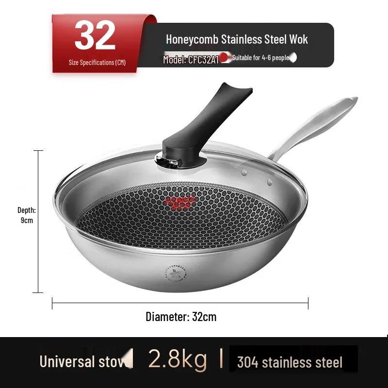 KOBACH 304 Stainless Steel Honeycomb Non-stick Wok
