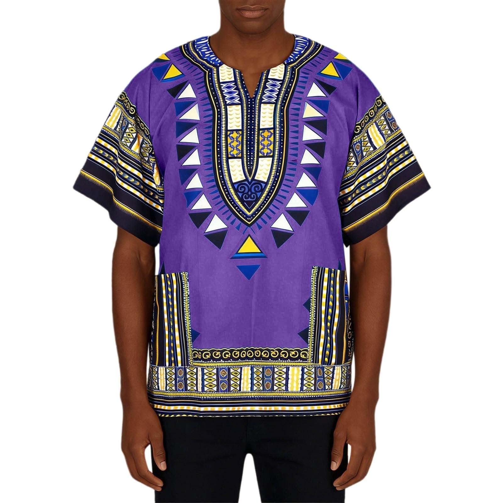 

Men s Traditional Dashiki Shirt African Print Loose Fit Short Sleeve Crew Neck Pattern Casual Top for Daily Wear XXXL фіолетовий