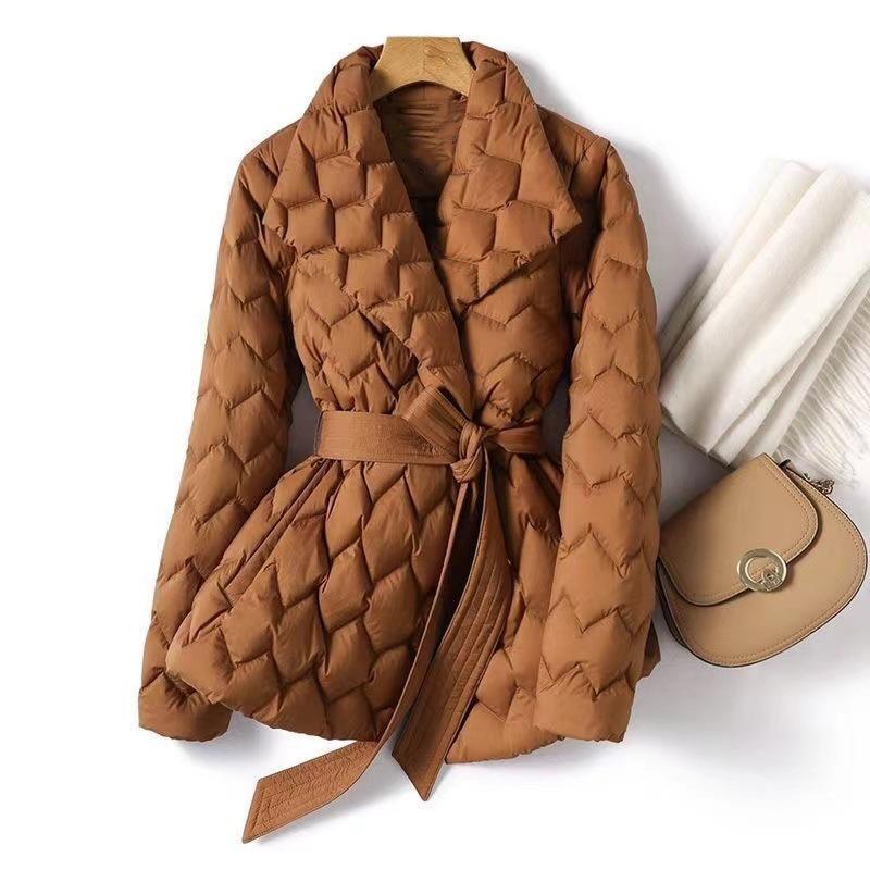 Women's Long Sleeve Coat Turn Down Collar Elegant Waist Tie Puffer Jacket Winter Warm Quilted Outerwear