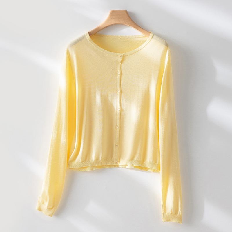Single-breasted knitted cardigan women's summer new Tencel sunscreen lazy casual round neck long-sleeved top jacket