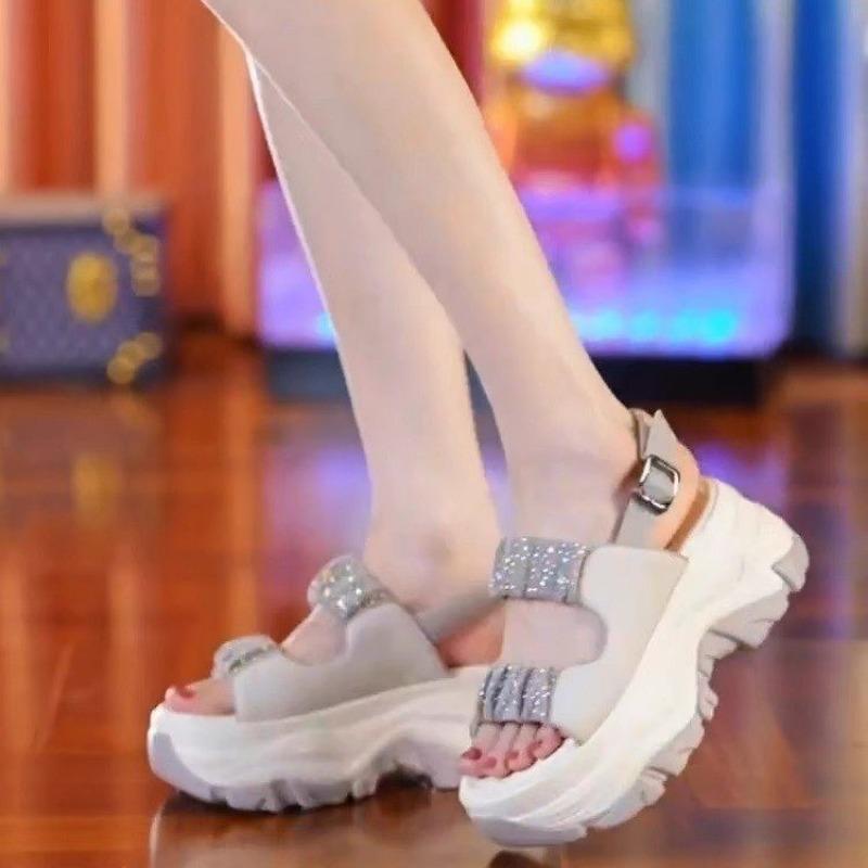 Women's Platform Sandals Summer New Style Round Head Sequin Soft Waterproof Platform Soles Non-slip Heels