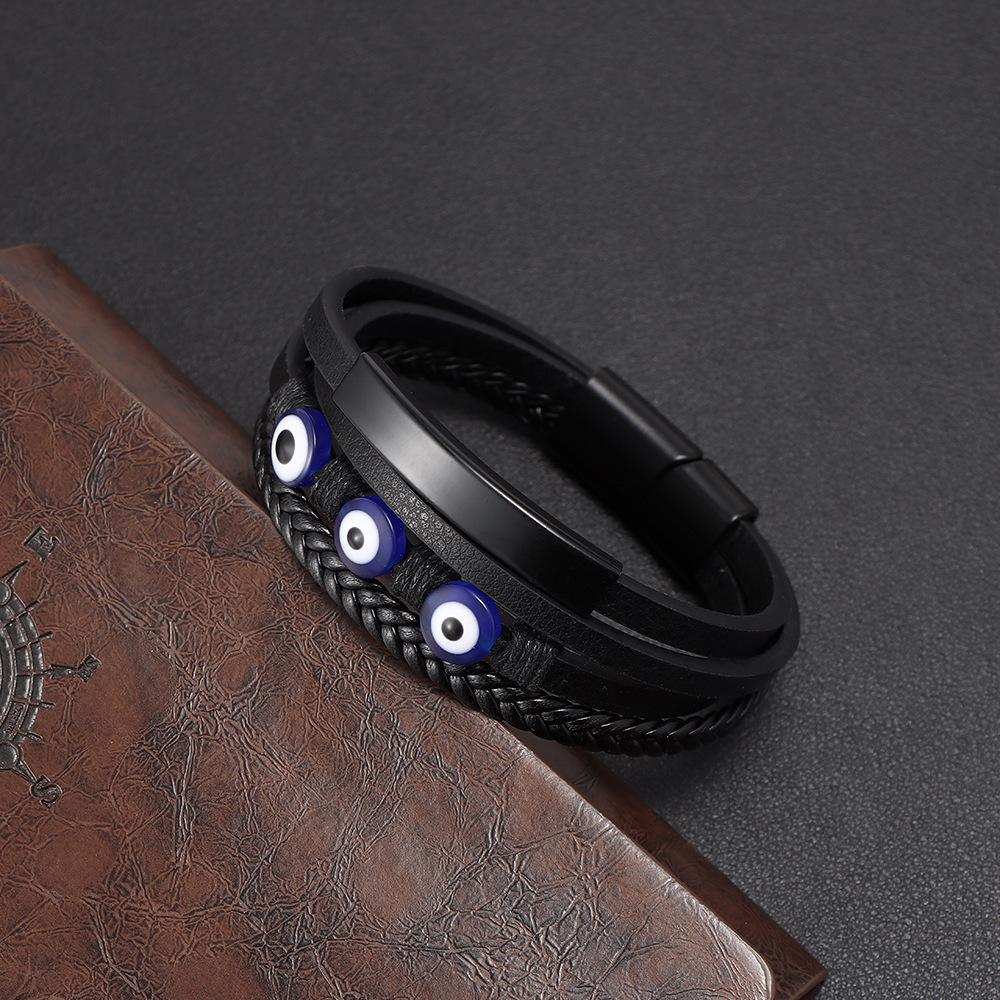 Men's Bracelet Evil Eye Magnetic Clasp Leather Braided Cuff Punk Jewelry Black Silver