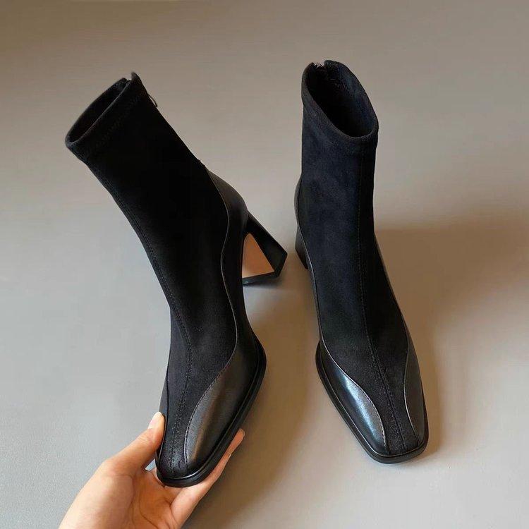 

Soft leather version~ short boots women s 2025 new high heels autumn and winter square head elastic socks boots thick heel French thin boots 35 чёрный