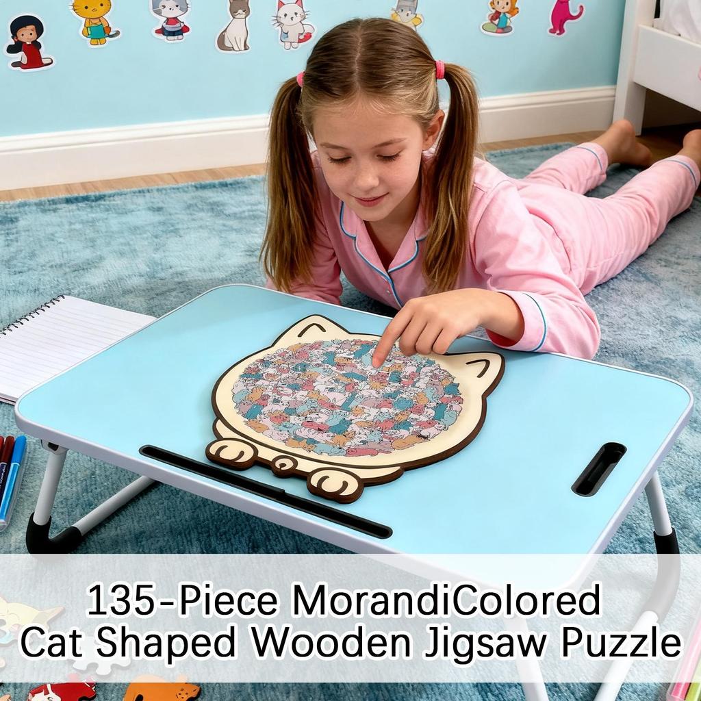 Cat Wooden Puzzle 135 Pieces Long Lasting Precise Toy Cat Wooden Jigsaw Puzzles for Cat Lovers Home Shelf Family Friends Indoor