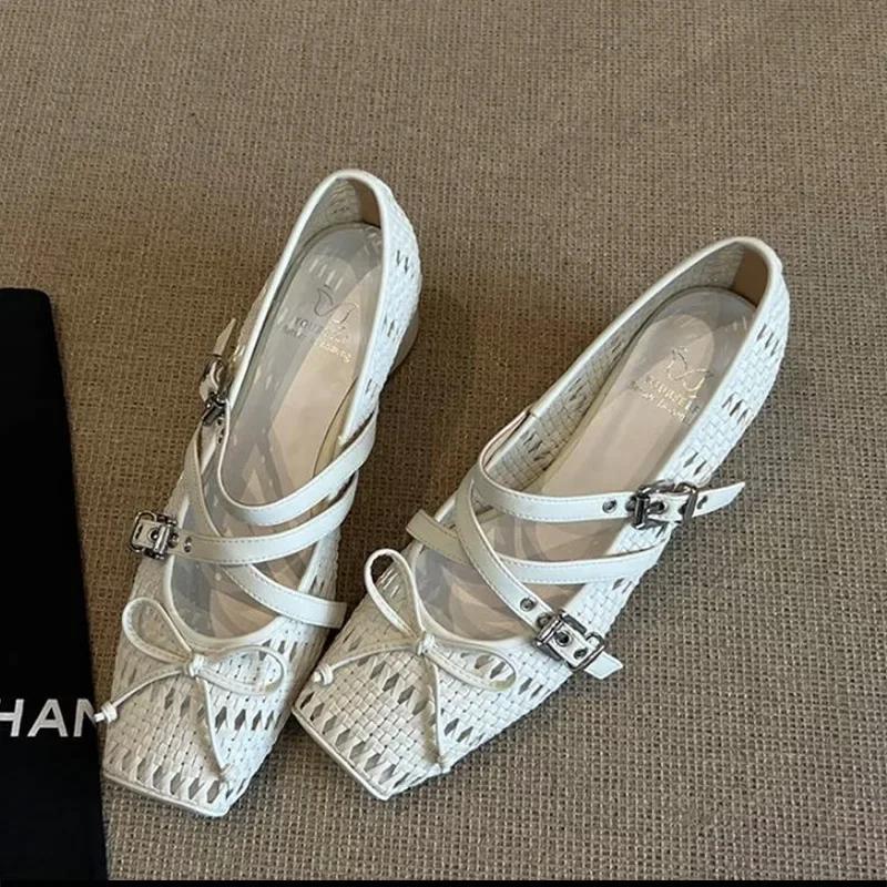 Süßer Stil Mary Jane Schuhe Damen Atmungsaktiv Gewebt Aushöhlen Kreuzband Frühling Sommer Neues Modell Koreanische Version Einzelne Schuhe