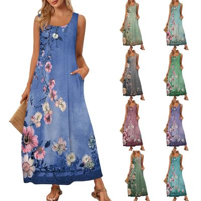 Women's Casual Long-length Sundress Summer Beach Dress Round Neck Sleeveless Loose Sundress