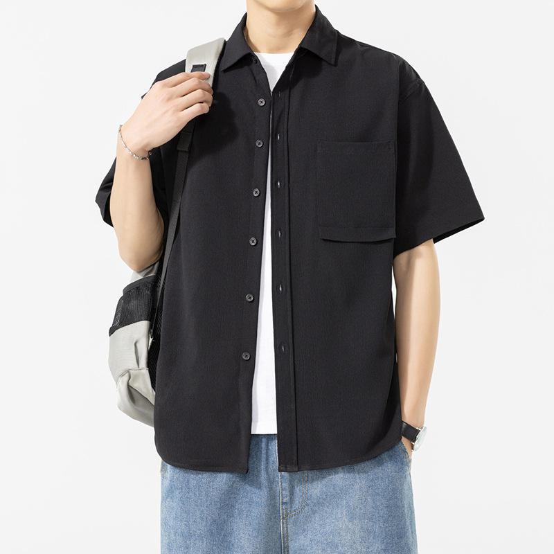 Solid Color Short-sleeved Shirt Men's Tooling Shirt Jacket Casual Versatile Loose Lapel Non-ironing