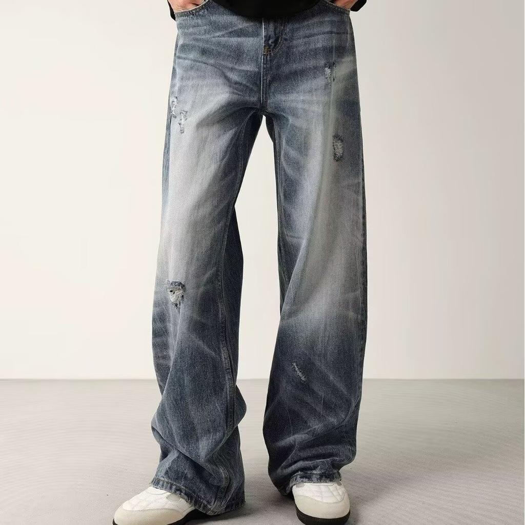 American Retro Loose Dirty Dyed Old Jeans Men's and Women's Design Sense Niche Cat Whisker Casual Straight Wide-leg Pants