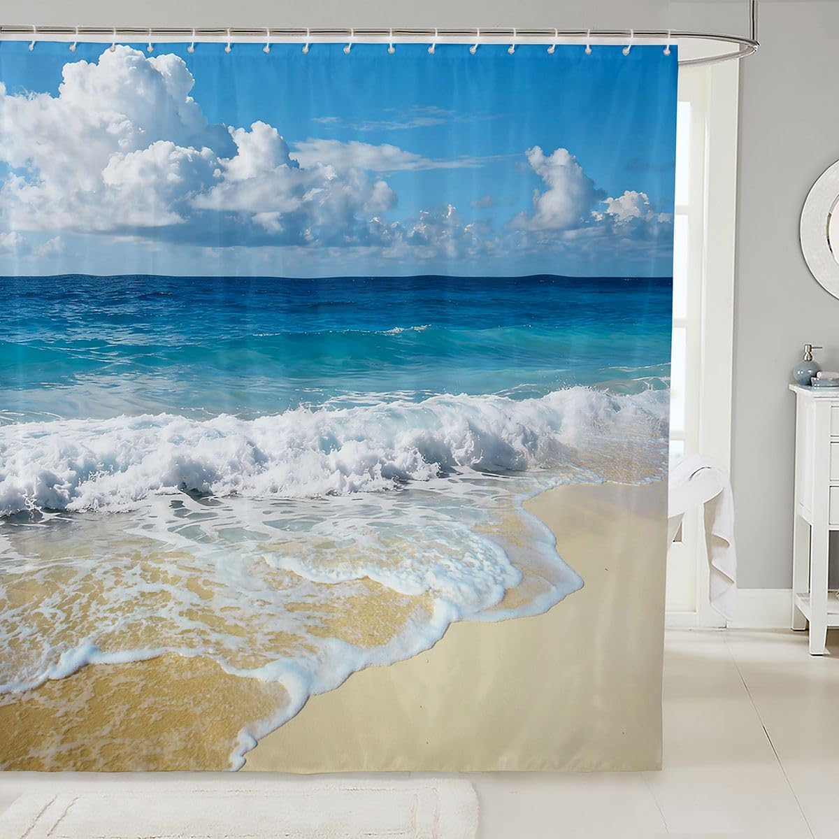 Haifisch Duschvorhang, 3D Haifisch Badezimmervorhang, Meerestiere Badewanne Duschvorhang Ozean Meereswelle Duschkabine Vorhang Blau Weiß 90x180CM
