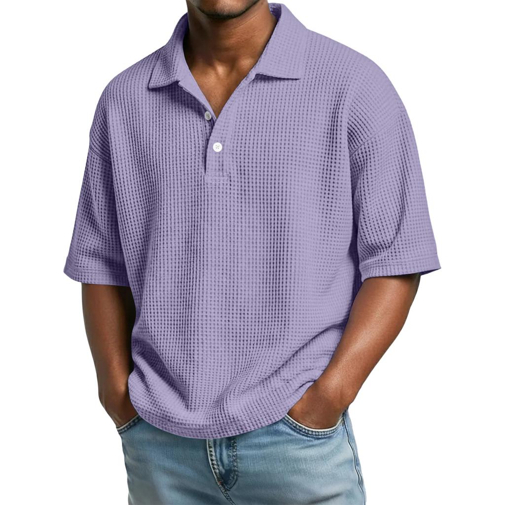 Versatile Men Waffle Knit Polo Shirts Short Sleeve Lapel Neck Solid Loose Casual Daily Male Tops