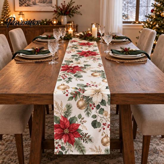 Holiday Table Linen Christmas Flower Runner, Holly Berries Dining Decor, Poinsettia Gingerbread Gift for Friends Man Festive Runner Party Decor Indoor