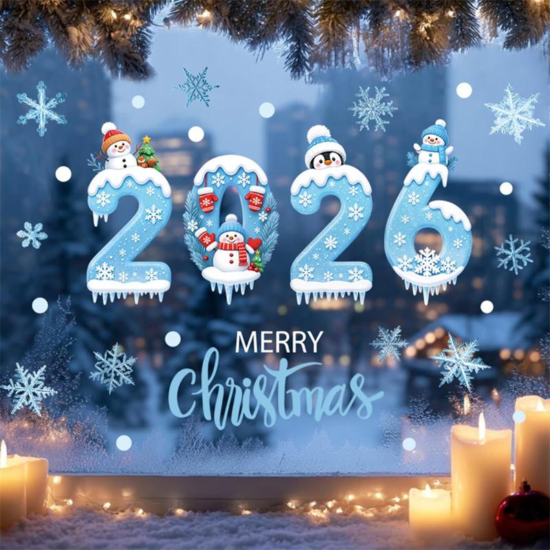 

2026 Christmas Window Stickers Blue Christmas Snowman Snowflakes Glass Stickers Winter Home Party Decoration Stickers 1pcs